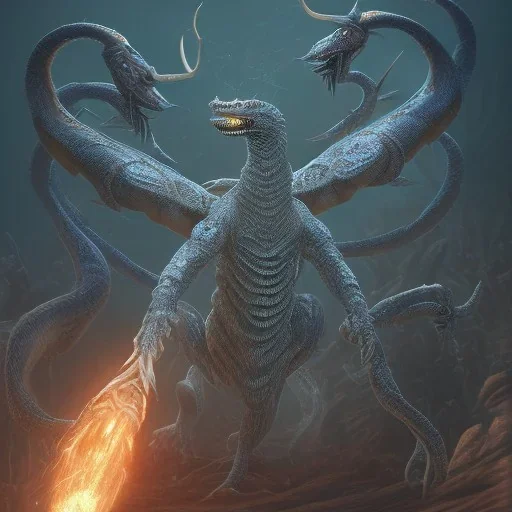 This hydra has 1 horn spiraling backward. Its neck is medium length; Its snout is vertically tall, thin, very long, beak like, and it has an overbite. Its teeth are retractable. It has no claws, frills, and wet scales. Its tail is medium length and very wide. Its breath weapon is fire.