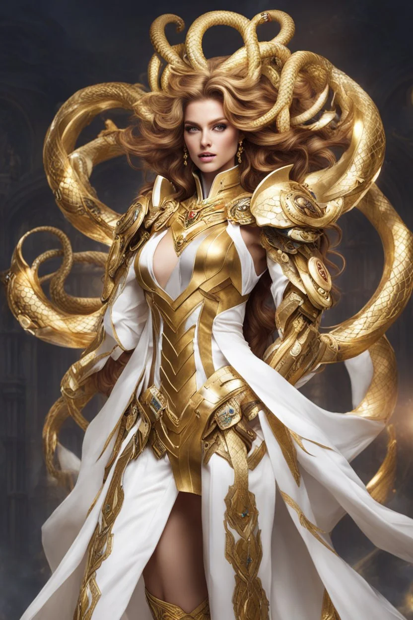 Halfbody Excited pose style Facing front Gorgeous Photography Beautiful Queen Medusa hair snake Cyborg dressing Luxury Gown Mecha Golden and jewelry