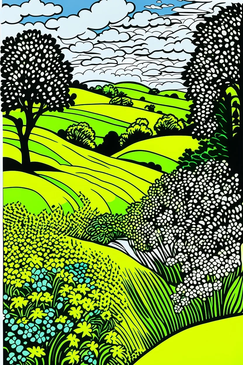 A neon green hilly fields with flowers painted by Roy Lichtenstein