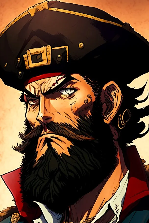 A comic portrait of Blackbeard, from che One Piece anime