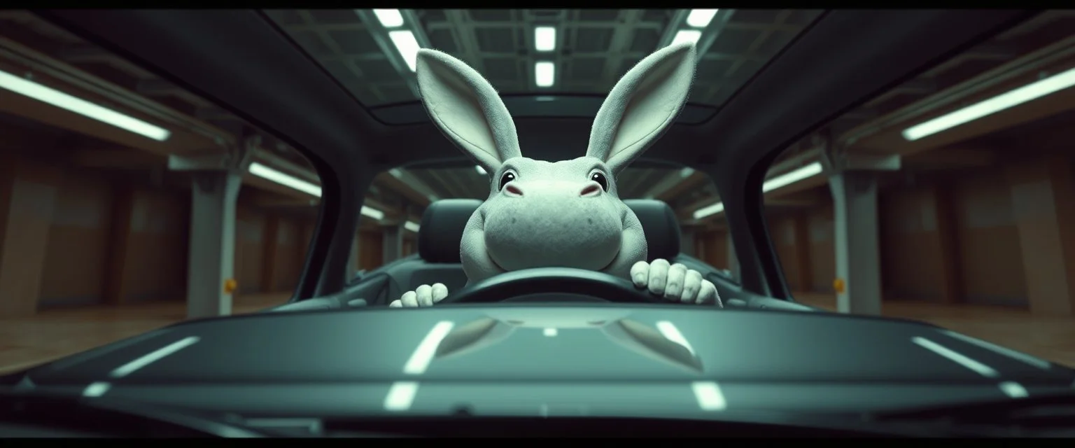 car driving happy 2d anime fluffy alien hippo bunny man in the style of Escher and Giger and Fallout 4, pinhole cam, airbrush 3d rendering, on tv screen:A five-second cinematic single take in a clean industrial presentation hall.