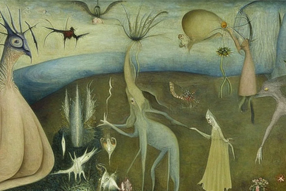 the surreal gardens of heavenly delights by artist "Leonora Carrington" and "Leonardo da Vinci"