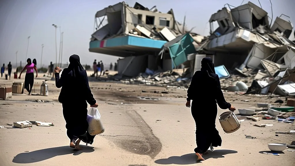 A Palestinian woman wearing a dress carrying very large bags of flour on her back, bending her back down in the destroyed Gaza City, and aid boxes descending from planes near the sea, with a large number of children looking up.