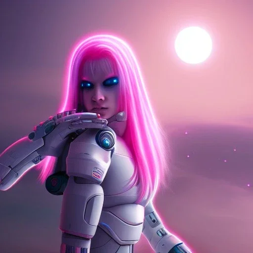 cyborg cute girl, white and pink hair, sexy, armed, under an alien moon, misty, high detail, 4k