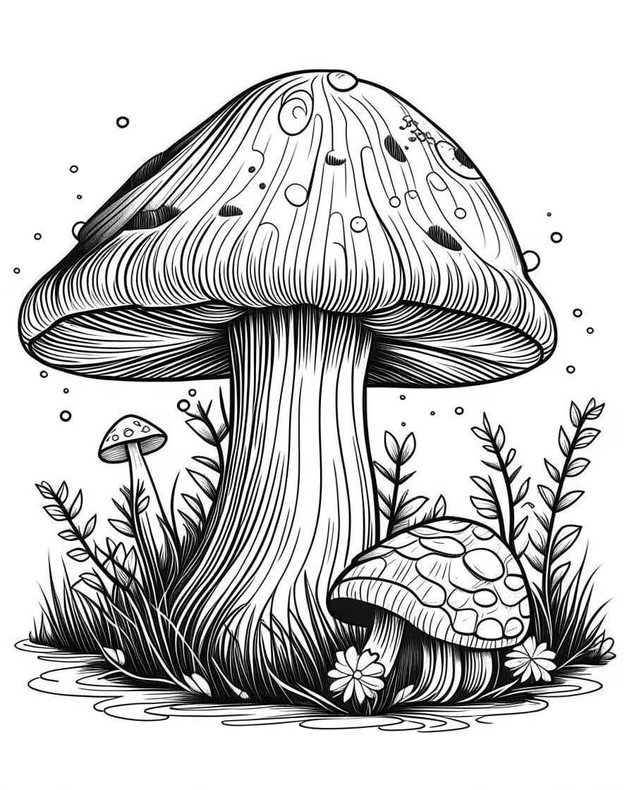 mushroom world with snail on 1 mushroom minimalistic landscape. line art, background, vector, svg, coloring book page style, black outline on white background