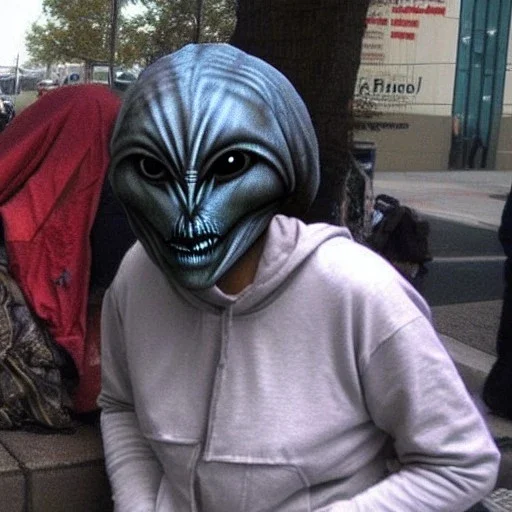 Creepy photo, strange masks, alien, homeless lady