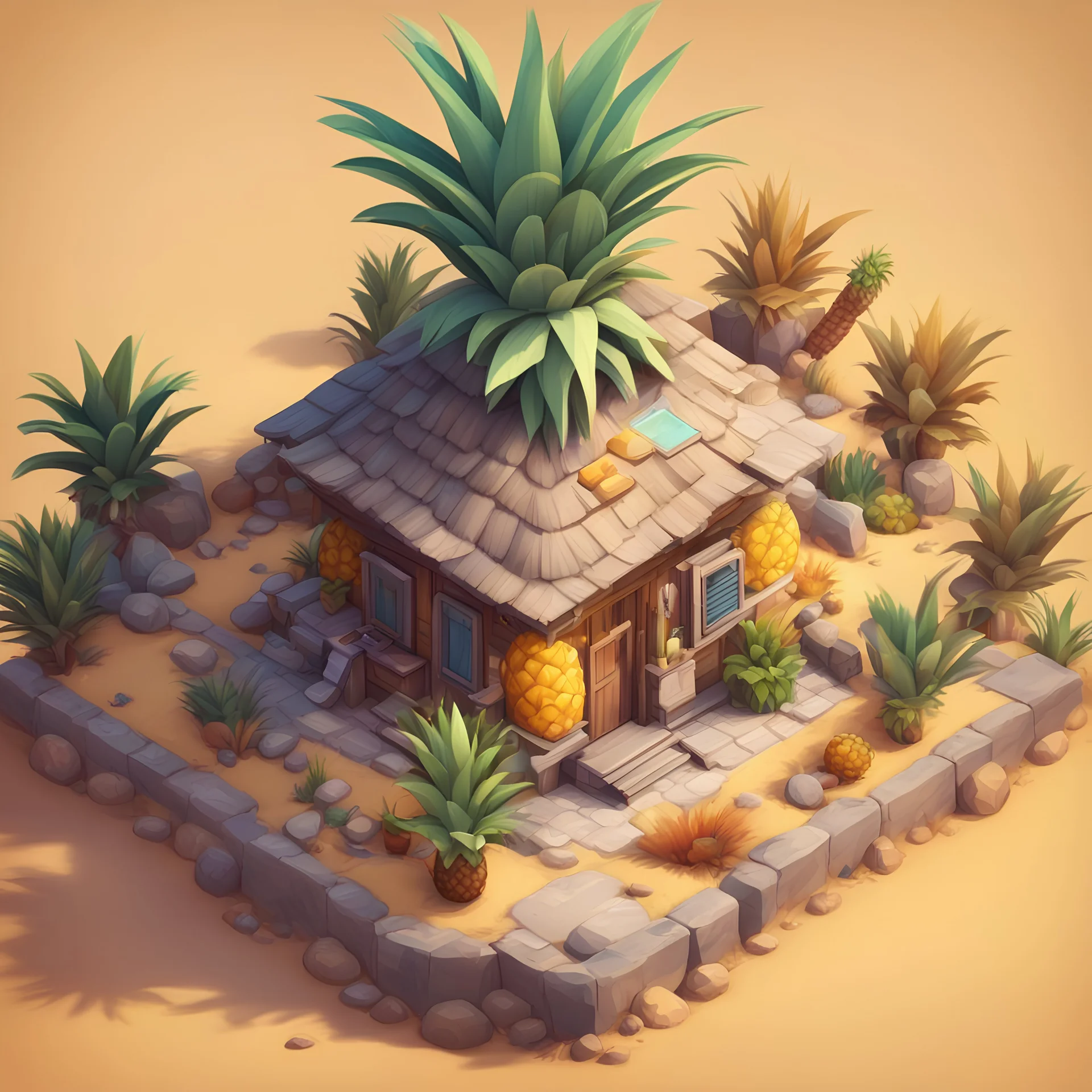 create a pineapple into cartoonist hut style model isometric top view for mobile game bright colors render game style desert house style