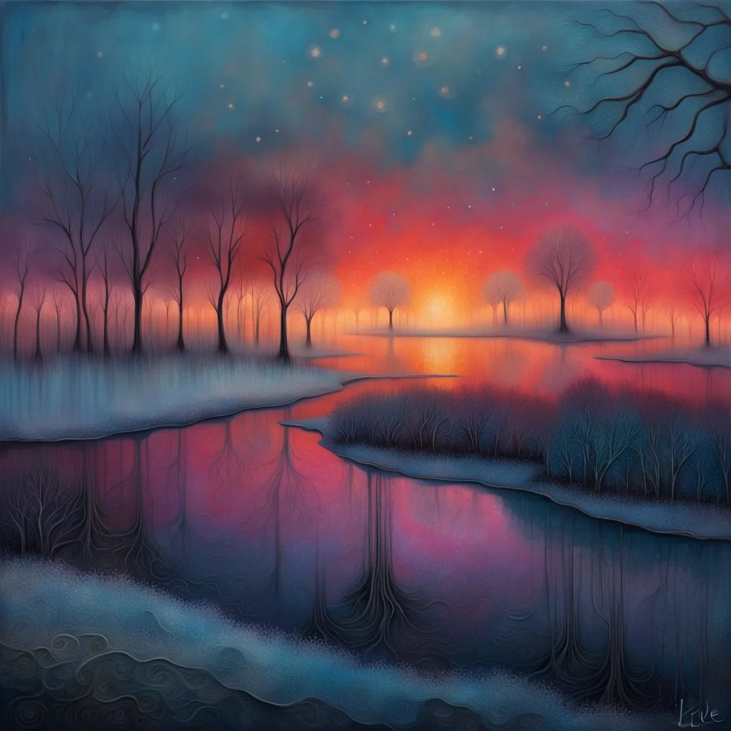 Grunge textured abstract impasto mixed media painting with dripping paint, fantastical otherworldly frozen winterscape with iridescent metallic colors, silver lines, style Amanda Clarke, Andy Kehoe, Feininger, Klimt, Klee. Reflective frozen pond, surrounded by whimsical, filigree, impressive frosted trees standing tall between extraordinary storybook houses; tendrils, grasses, cattails. Dramatic sky with stormy clouds. with mercury glass patina, glowing golden sparks, vibrant iridescent colours,