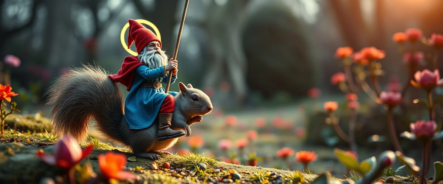 depth of field, halo, close up on blue and red clothed gnome riding squirrel with lance in garden of eden in the style of Escher and Giger