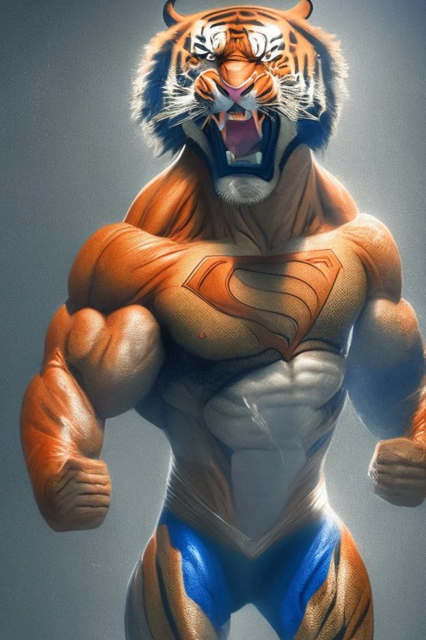 A picture of a roar tiger in the form of a superman, a professional, high JPEG image