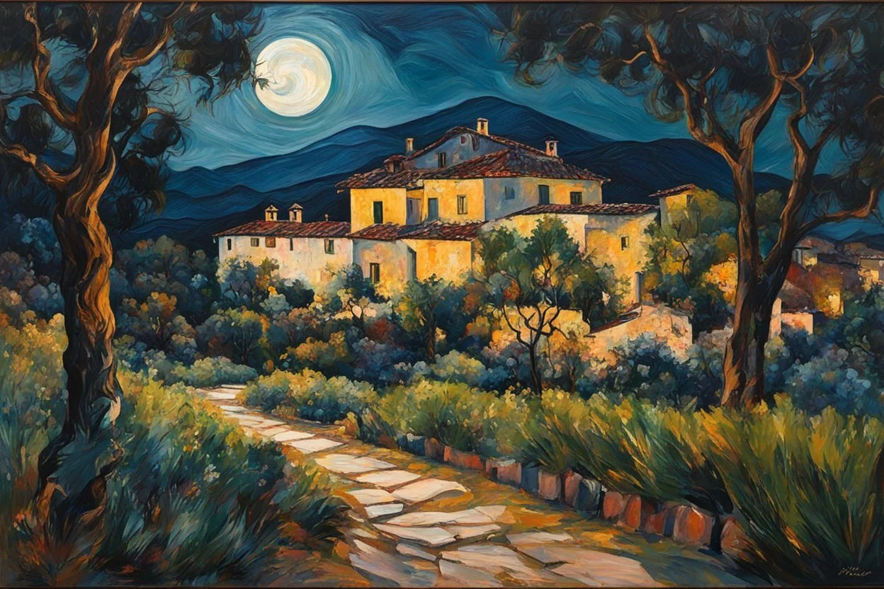 fine palette knife painting of a placid Spanish villa set amidst surrounding olive groves under the pale moonlight of midnight , in the Expressionist style of Egon Schiele, Oskar Kokoschka, and Franz Marc, highly detailed in muted natural colors with fine detail outlining and shading