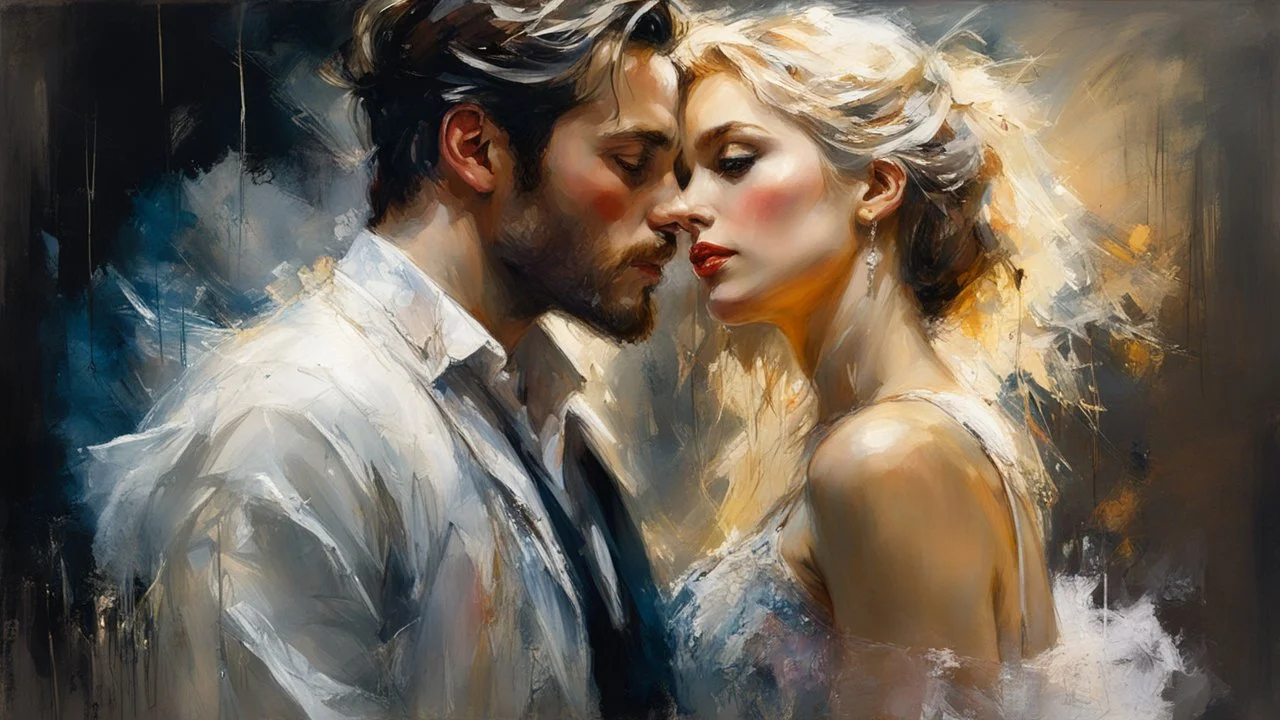 Portrait of a man and a stunningly beautiful blonde woman, made of tulle, detailed fabric painting, Candlelight Insanely detailed painting by Pino Daeni, Jeremy Mann, Carne_Griffiths, Vadim Kashin, James Gurney, texture, 16k resolution, fine art, natural light, beautiful