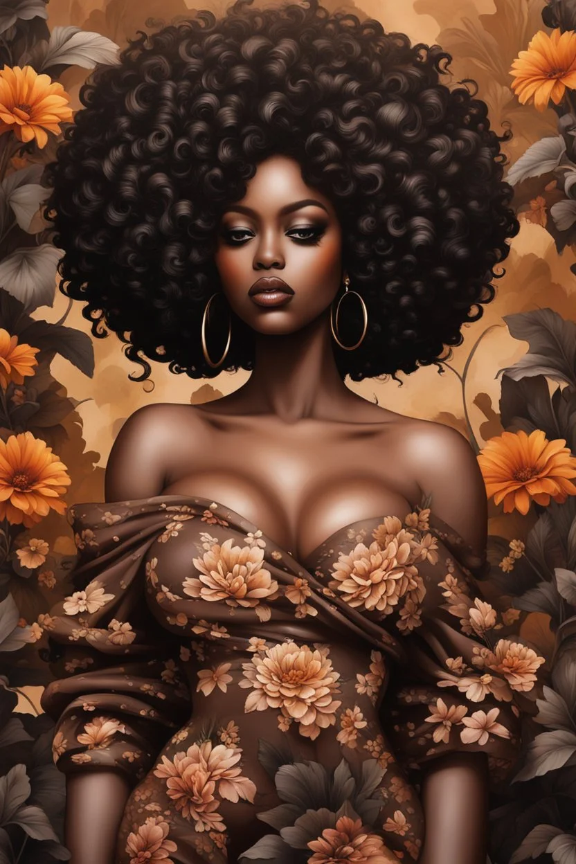 Create a urban art image of a curvy black female wearing a brown off the shoulder blouse, and she is looking down with Prominent makeup. Highly detailed tightly curly black afro. Background of large brown and black flowers surrounding her