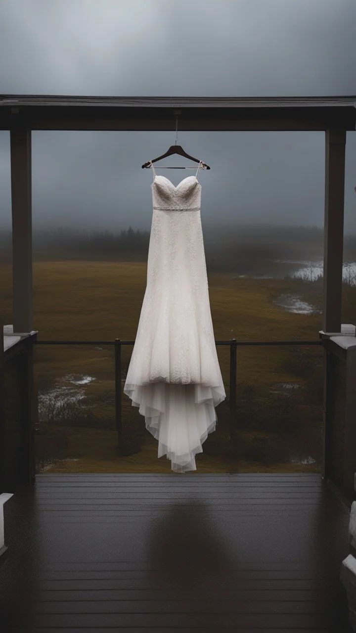 A wet washed wedding dress hanging on a rob in a stormy foggy sky in the background