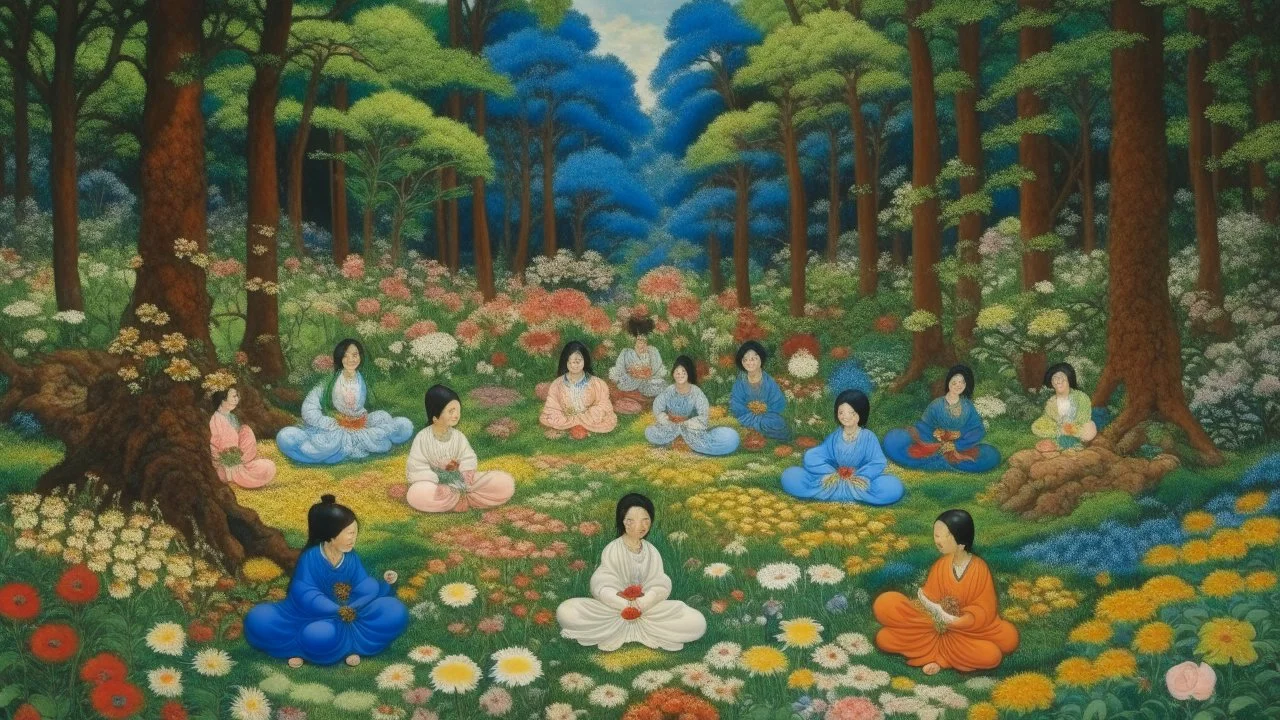 An oil painting by Kuniyoshi of individuals practicing yoga surrounded by blooming flowers and lush vegetation.