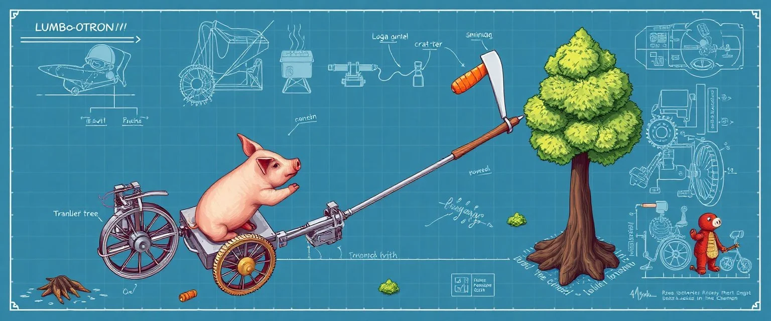 put a fucking tree getting pull oin the picture ok? we see a pig in action chopping down trees with the lumbotron, isometric blueprint of hi tech metal gear Gnome invention, winning prize at gnome convention, The Lumb-O-Tron A jury-rigged combination of a cart, pulley system, and an axe designed to chop down trees. The motion is powered by {a yoga pig in a wheel treadmill spurred by a carrot on a stick | a crude stationary bicycle | a tiny steam engine heated by a red pseudodragon in the chamber