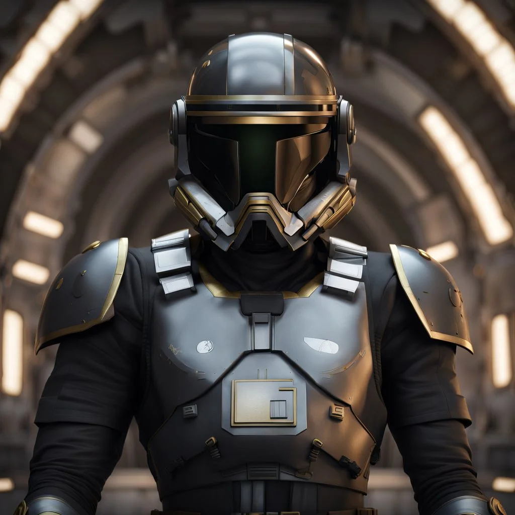 star wars bald male corellian pilot wearing dark gunmetal grey and black First Order special forces TIE pilot armored flightsuit and helmet with gold trim inside the jedi temple, centered head and shoulders portrait, hyperdetailed, dynamic lighting, hyperdetailed background, 8k resolution, volumetric lighting, light skin, fully symmetric details