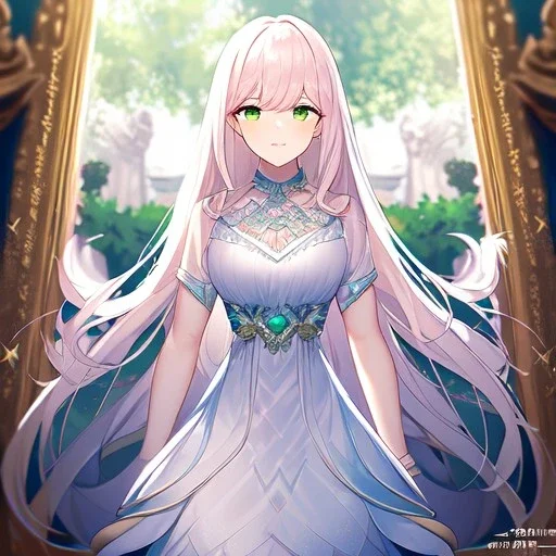 Clear focus,8k,Beatiful Lighting,Detailed, light pink long fluffy hair, long fluffy bangs, green eyes, wearing a stunning sparkling outfit, dating game