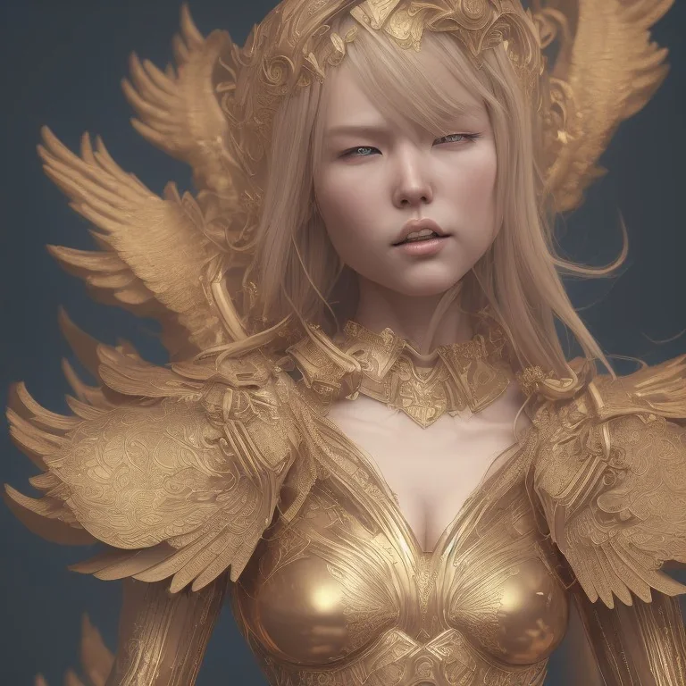 portrait hitomi tanaka, dress valkyrie, statue golden, intricate, octane render, highly detailed, highly realistic, cinamatic, deep colours,8k