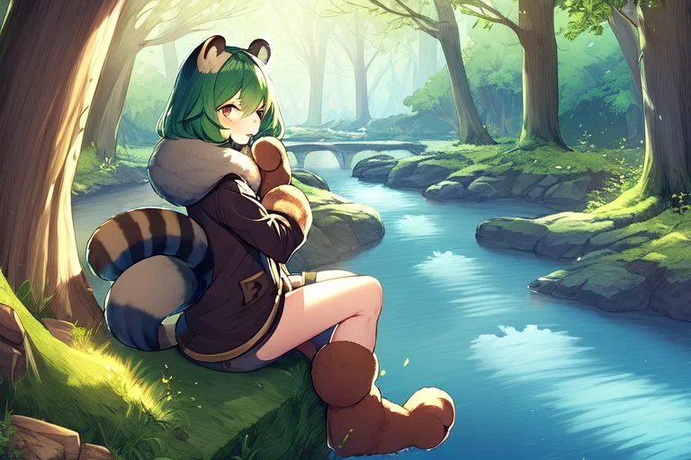 Girl, green hair, raccoon tail, raccoon paws in hand, raccoon paws in foot, forest, river, sit on tree, coat on neck, with tongue out, big tail,