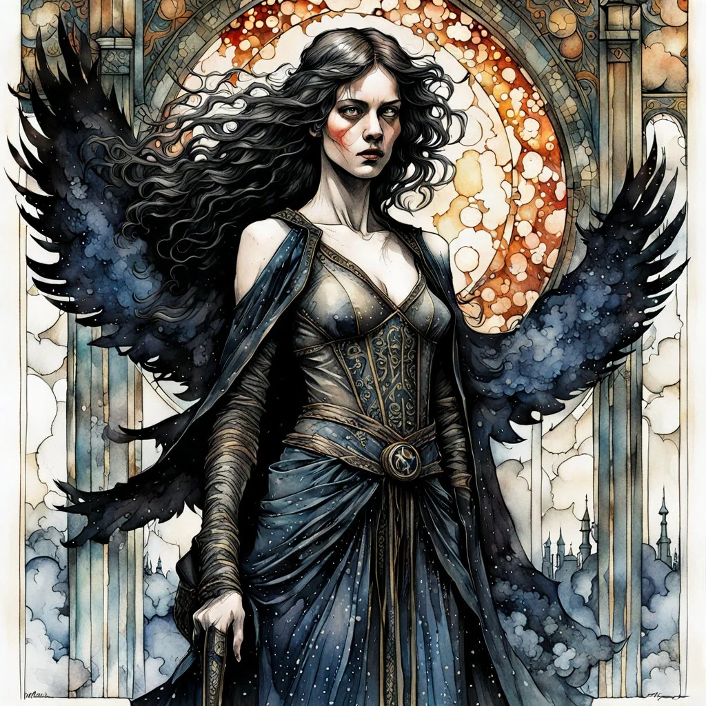 create a deeply evocative, and darkly magical full body ink wash and watercolor illustration of an epic fantasy raven maiden girl with highly detailed and deeply cut facial features, in the style of EDWARD BURNE-JONES, WILLIAM MORRIS, and KATHE KOLLWITZ combined with the comic art style of BILL SIENKIEWICZ and JEAN GIRAUD MOEBIUS, searing lines and forceful strokes, precisely drawn, inked, and colored