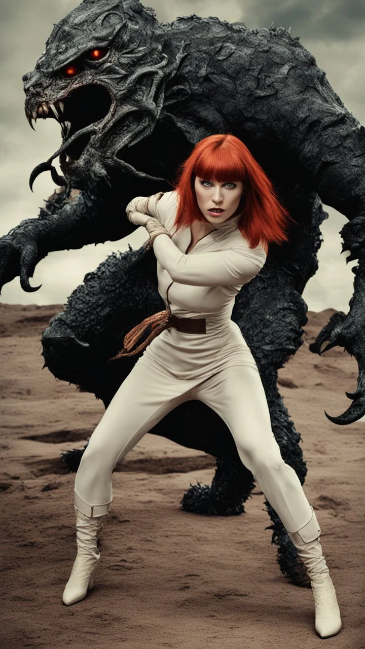 Full-body retro photo of a woman with straight red hair and a Fringe, in a fight with a monster, wrapped in tenacles, in an action pose, sci-fi Background