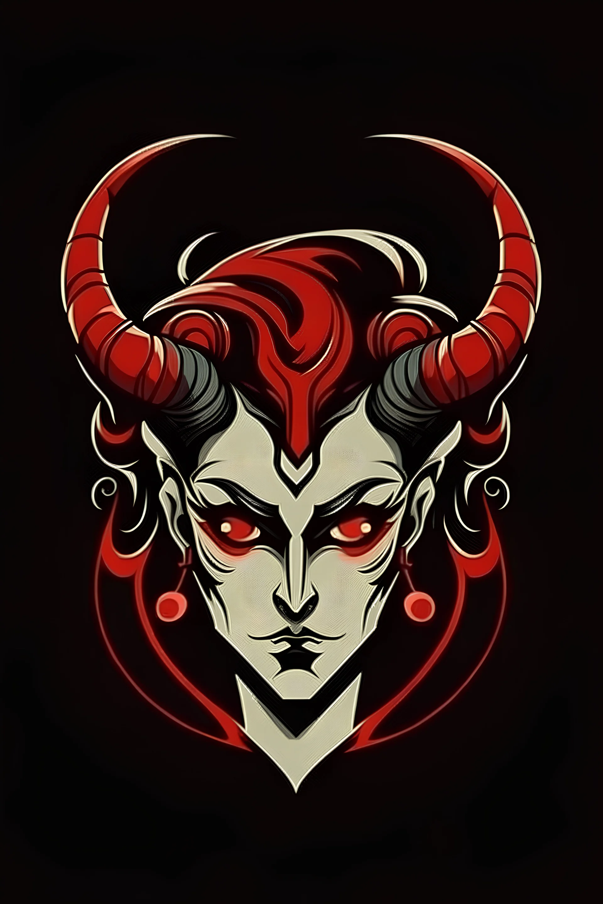 creepy evil androgynous human with a face made out of shoes with demonic horns. Logo style.