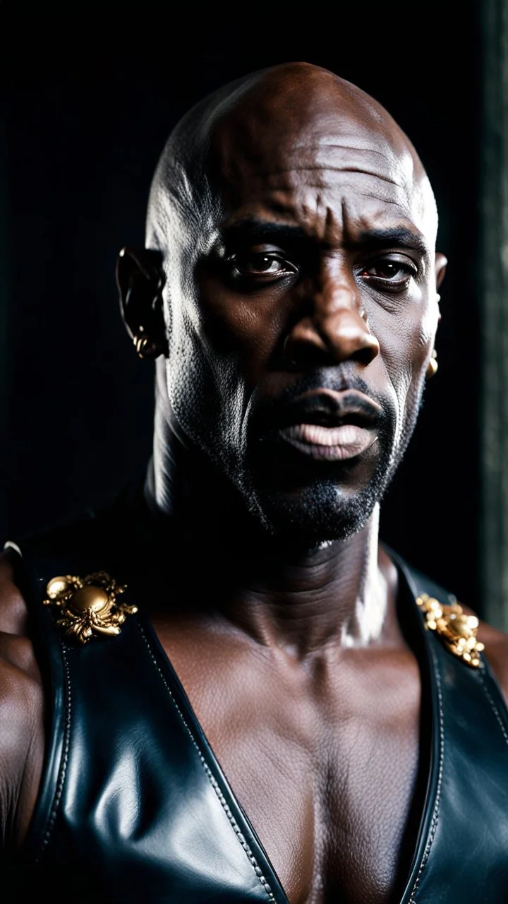 Idris elba x morris cheshunt as a handsome dark skinned and muscular heavy set man with a bald head and neatly trimmed beard. he is wearing a leather waistcoat and no shirt. he has a gold earing in his left ear. he has a dominant expression on his face