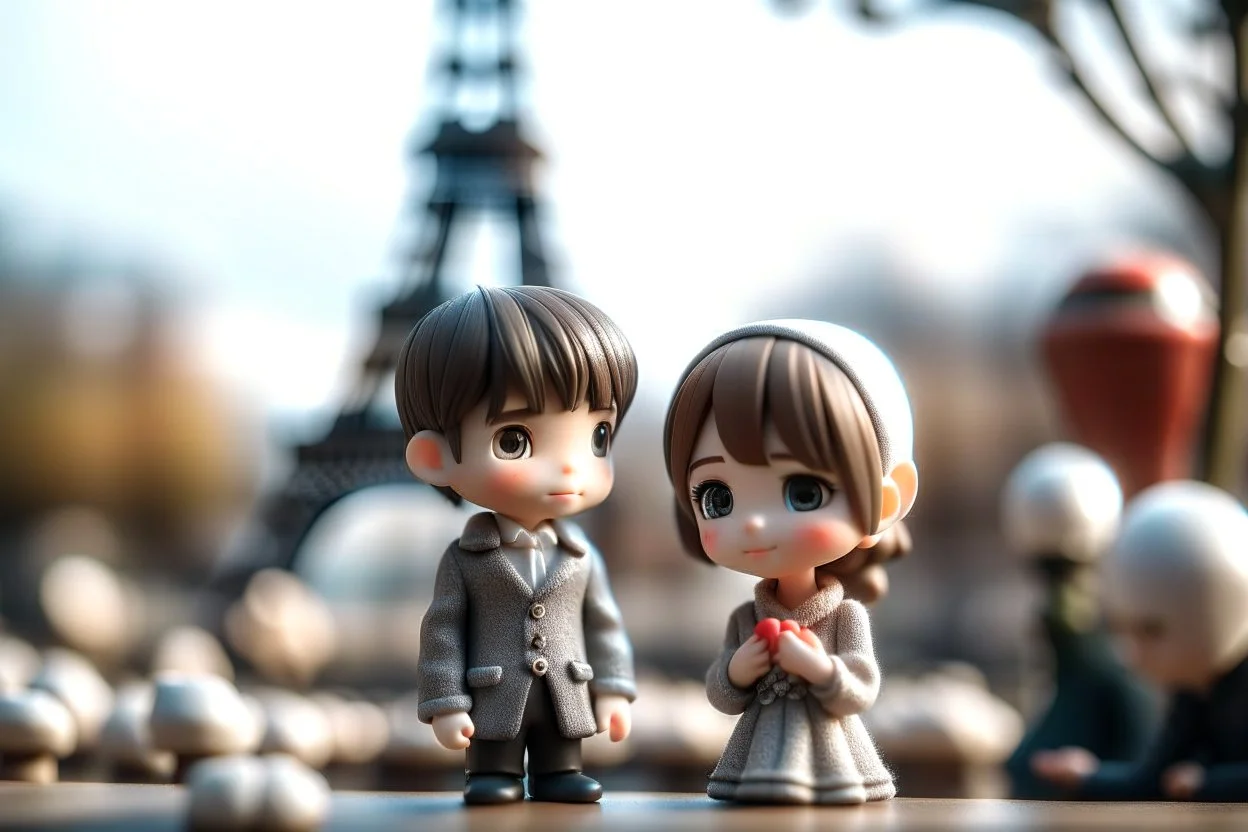 cute chibi mahogany haired girl with a short, silver haired boy, Eiffel tower, heart and love, flowers in Paris, ethereal, cinematic postprocessing, bokeh, dof