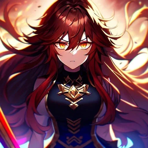 Clear focus, 8k, beautiful lighting, vibrant colors, girl, red long hair, vibrant golden eyes, messy hair, hair in between the eyes, angry, holding sword at you,