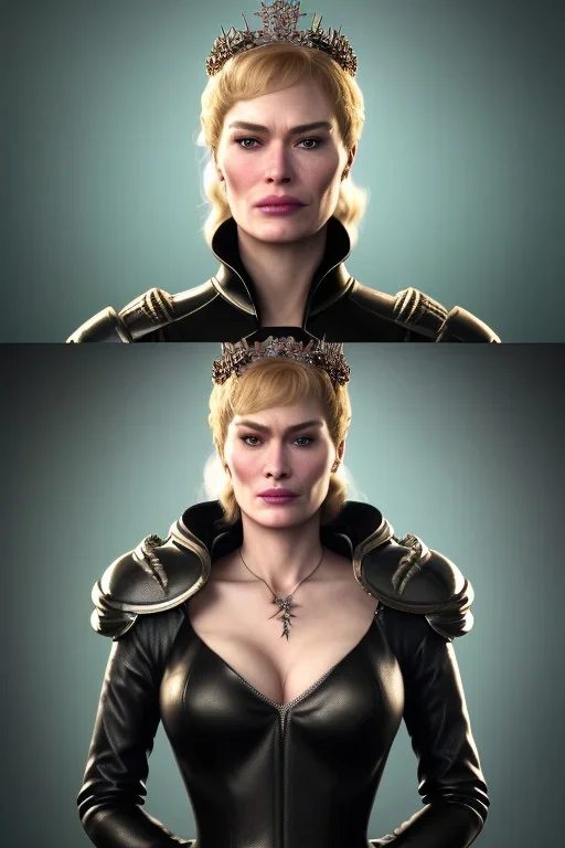 Cersei Lannister as evil queen in black leather coat, busty, cleavage, voluptuous, lena headay, angry, stern look. character design by cory loftis, fenghua zhong, ryohei hase, ismail inceoglu and ruan jia. unreal engine 5, artistic lighting, highly detailed, photorealistic, fantasy