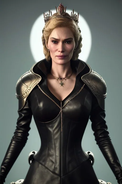 Cersei Lannister as evil queen in black leather, busty, cleavage, curvy, lena headay, angry, stern look. character design by cory loftis, fenghua zhong, ryohei hase, ismail inceoglu and ruan jia. unreal engine 5, artistic lighting, highly detailed, photorealistic, fantasy