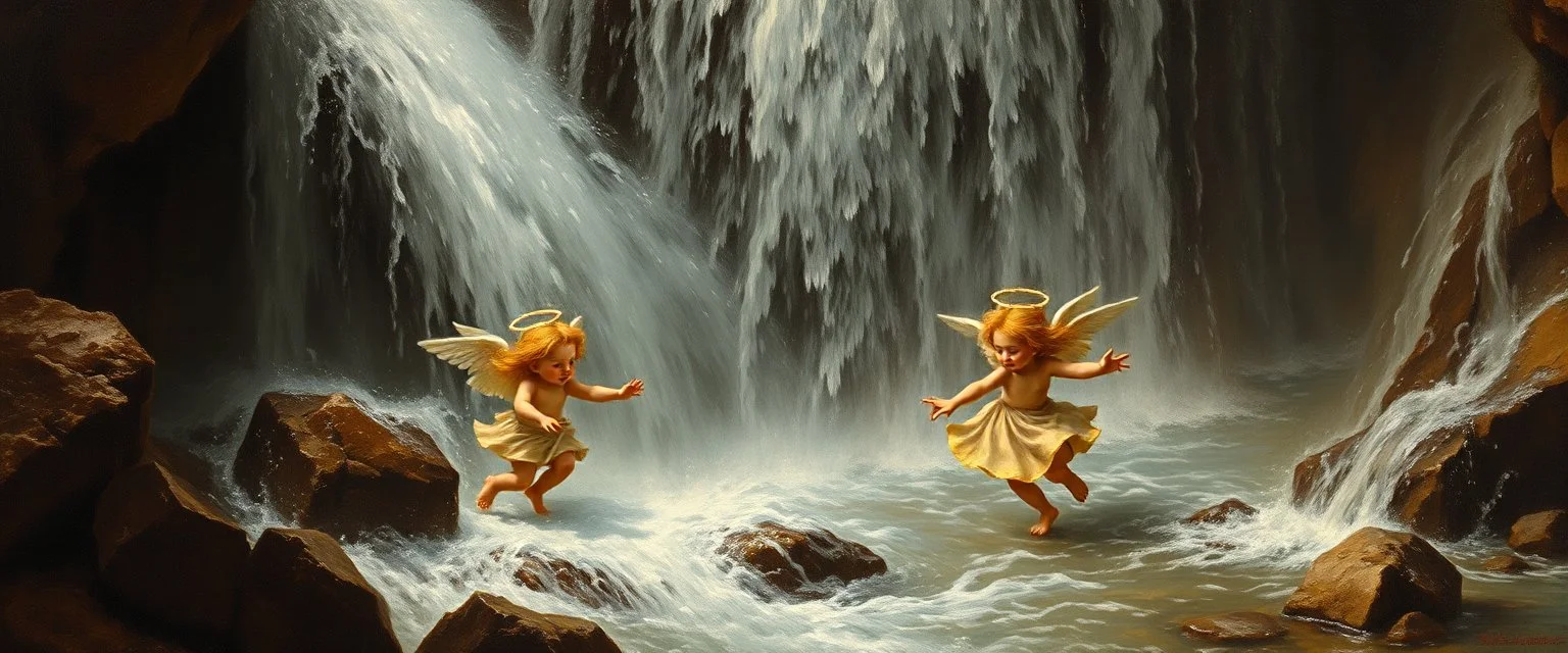 master oil painting by Rembrandt,cute trolls angels dancing inside waterfall, we barely see them inside the cascades