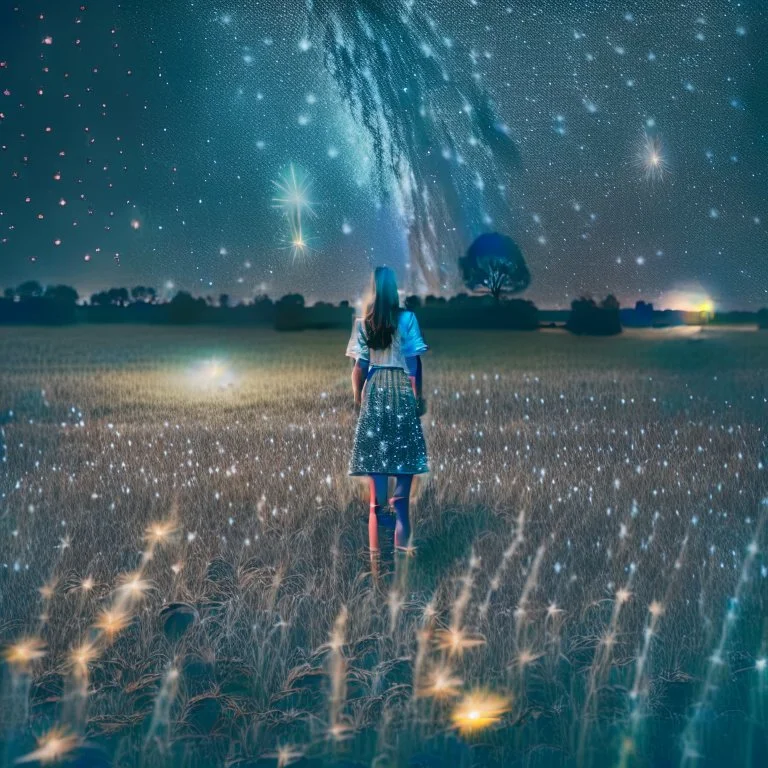 photo of a young woman in field at night with lots of stars, looking at a UFO