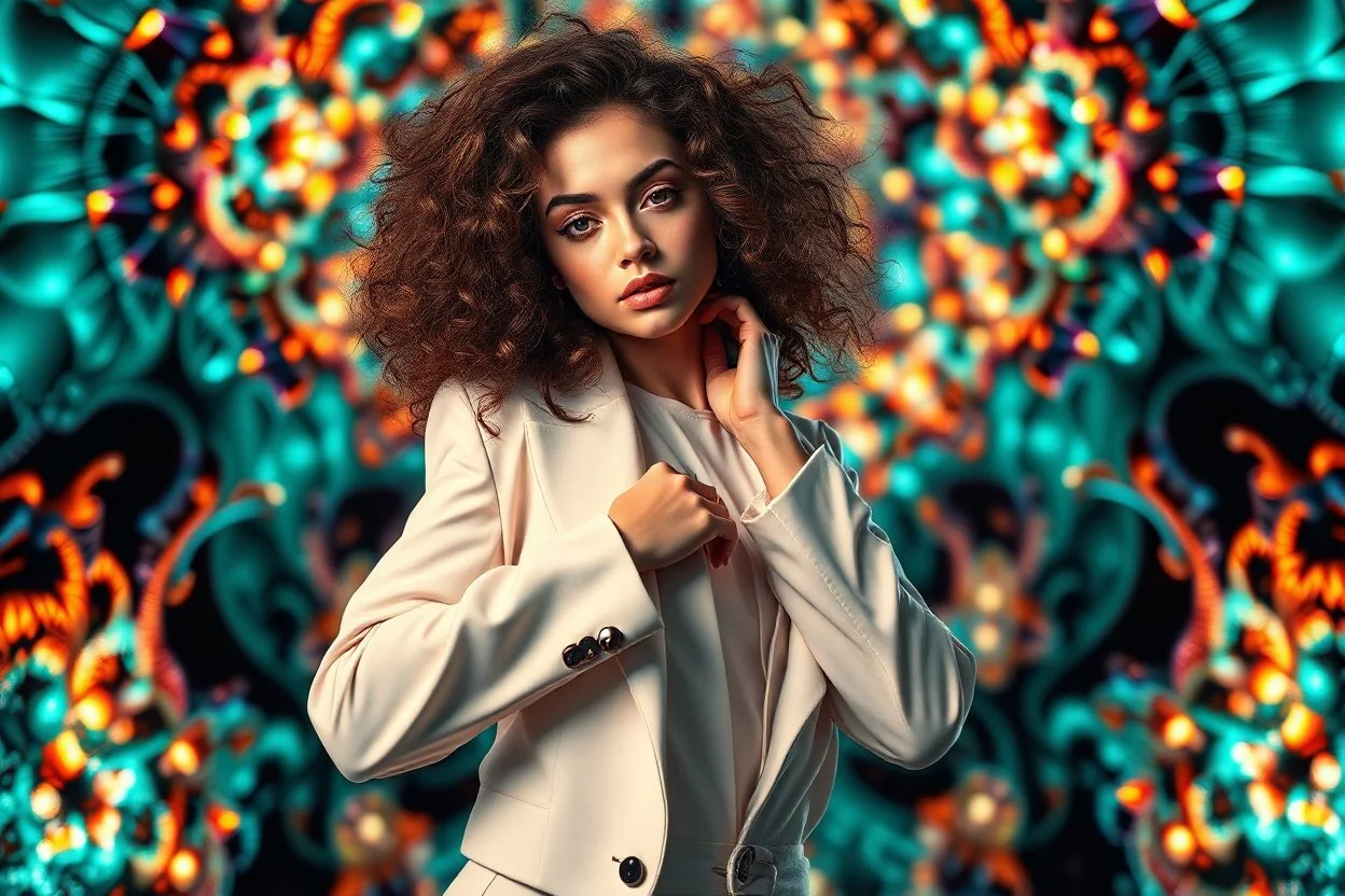 si fi a 3d recursive mandlebore fractal environment color and light an extra beautiful supper modern ukrainian girl wearing modern clothing curly hair gracefully fashion show posing full body shot