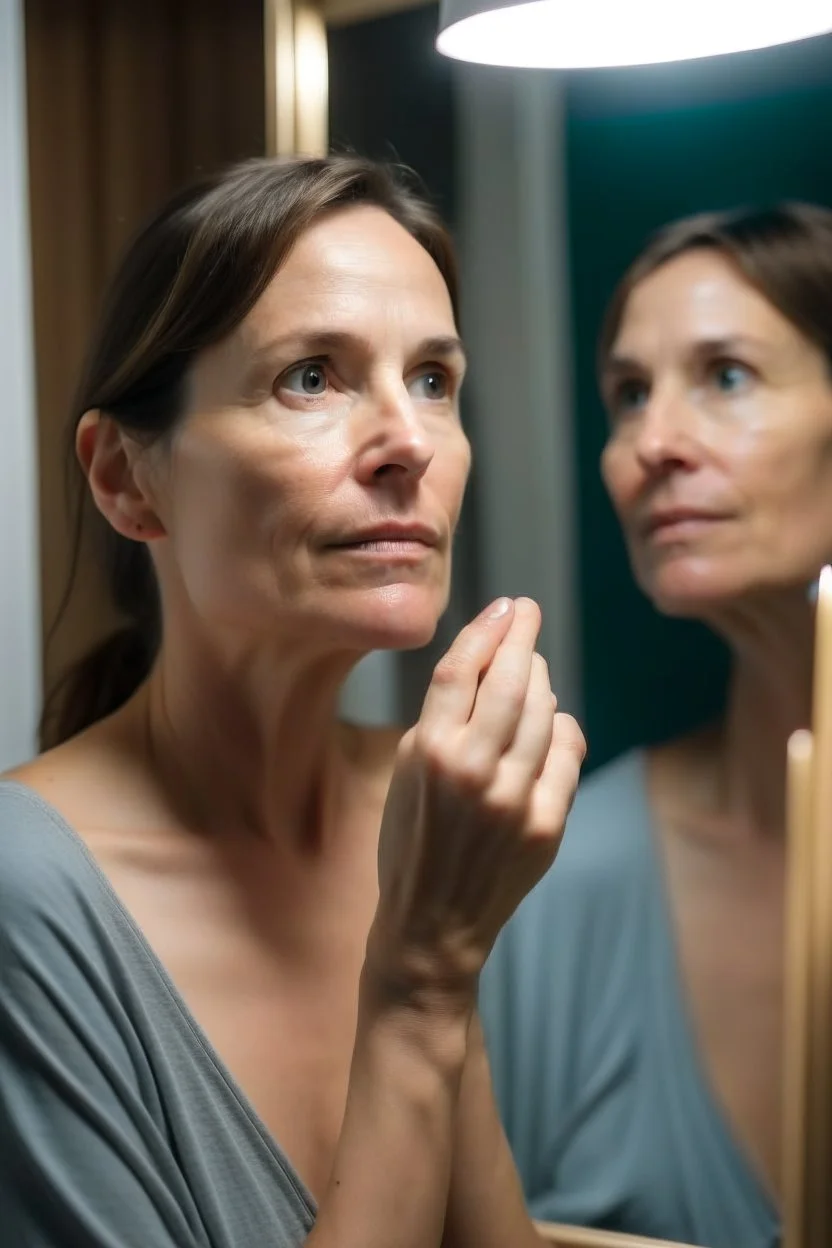 a beautiful woman in her thirties that clenases her face with a clenasing gel she stands in front of a mirror in her bathroom