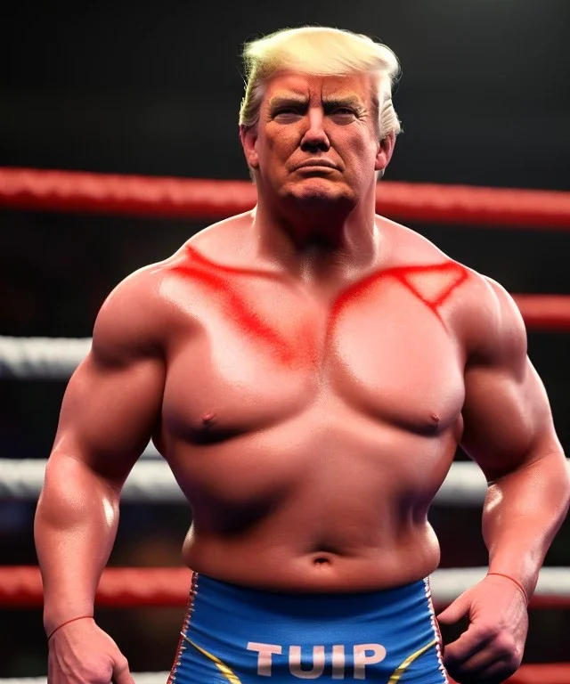 Realistic image of Donald trump wrestler, Mexican wrestling, glow makeup, red and blue breeches, suspenders, retro style, 80s, red, gold, vibrant color, highly detailed, clean background, concept art, unreal engine 5, god rays, ray tracing, RTX, lumen lighting, ultra detail, volumetric lighting, 3d, finely drawn, high definition, high resolution.