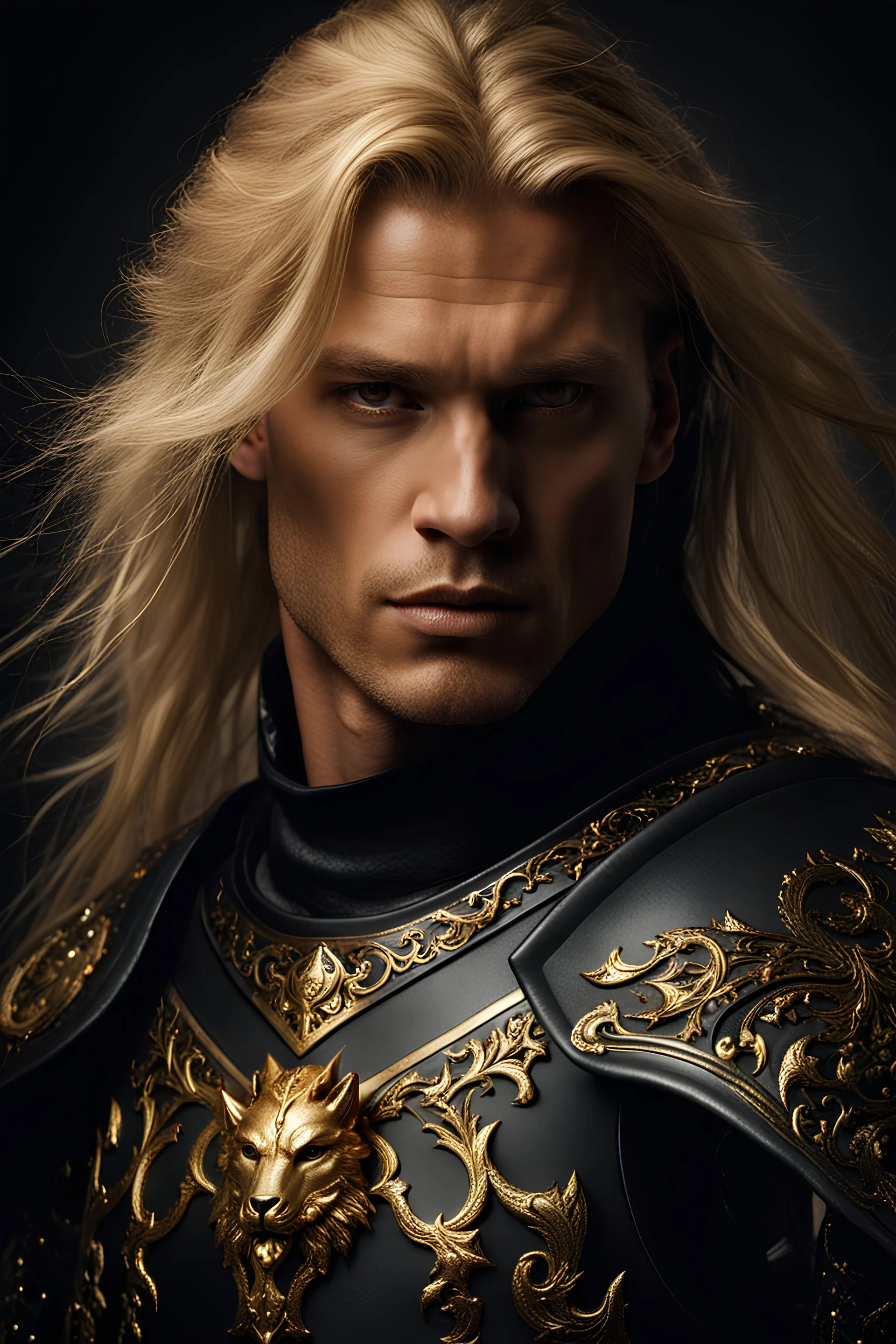 40 year man with lightly tanned skin and long blonde hair, wearing black armour with a golden wolf on his chest, dark fantasy