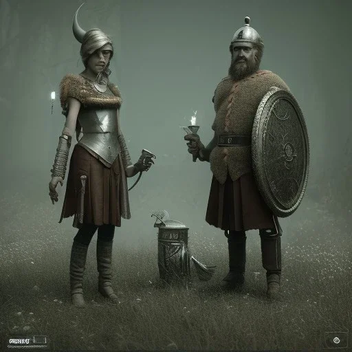 A viking boy and a girl, scary, steam punk, realistic, made in octane, cinematic, ultra-realistic, extremely detailed octane rendering, 8K, VRAY Super Real ar 2:3, dof photorealistic futuristic 50mm lens hard lighting dark gray tintype photograph, realistic lighting, sepia color