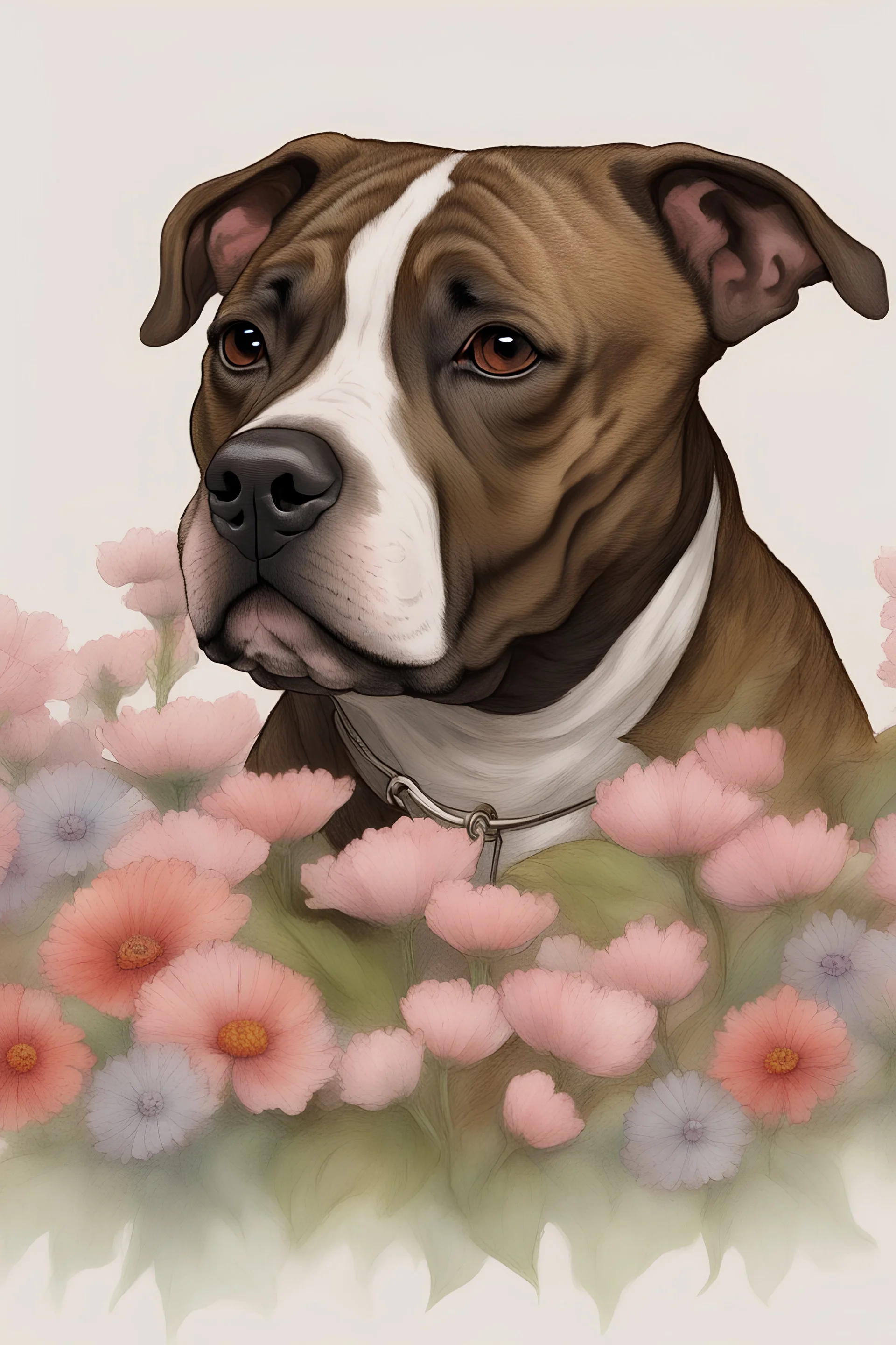 A brindle Staffordshire Bullterrier no with fur with flowers around