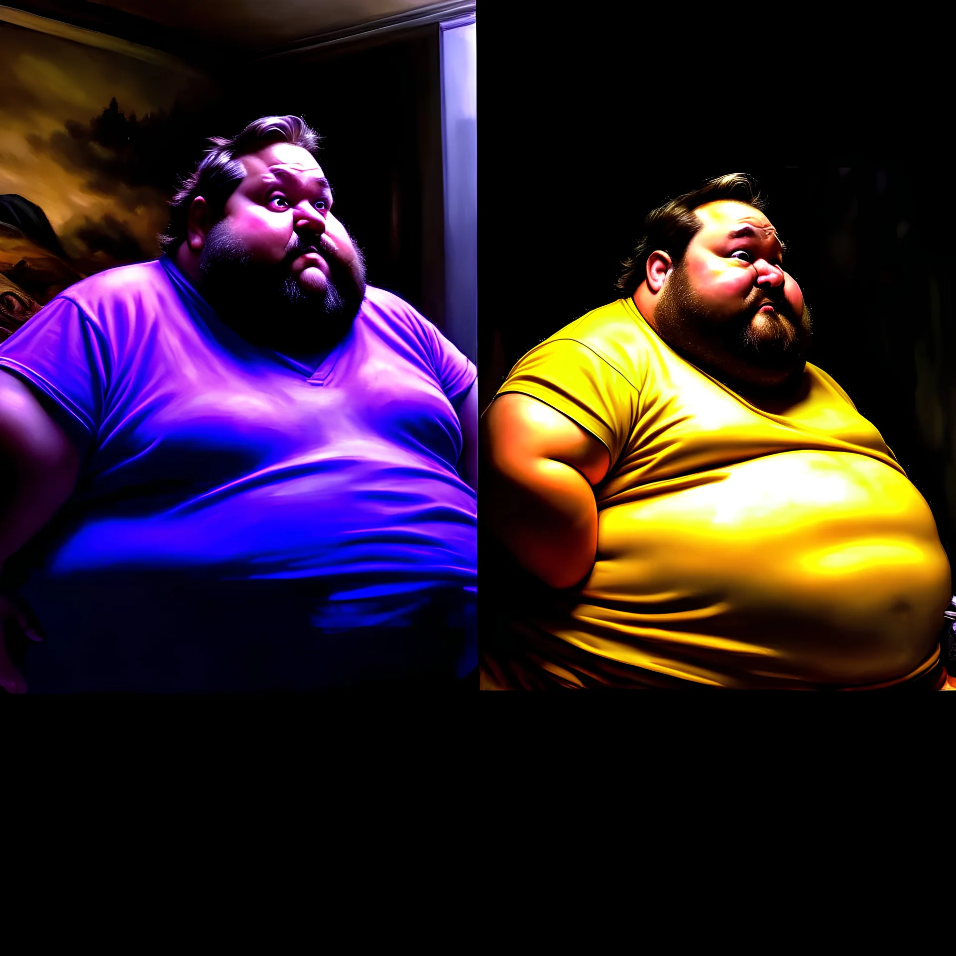 (fineart:1.5, masterpiece1.5) (realism:1.5) award winning picture of award winning fat, beardedd, 'fat man' (watching tv:1.8),, two panels, 50 percent is taken from the pov of the tv, the other 50 percent is from the point of view of 'fat man', his vision streaks of blue from the tv shining in his eyes, breaking news is on tv