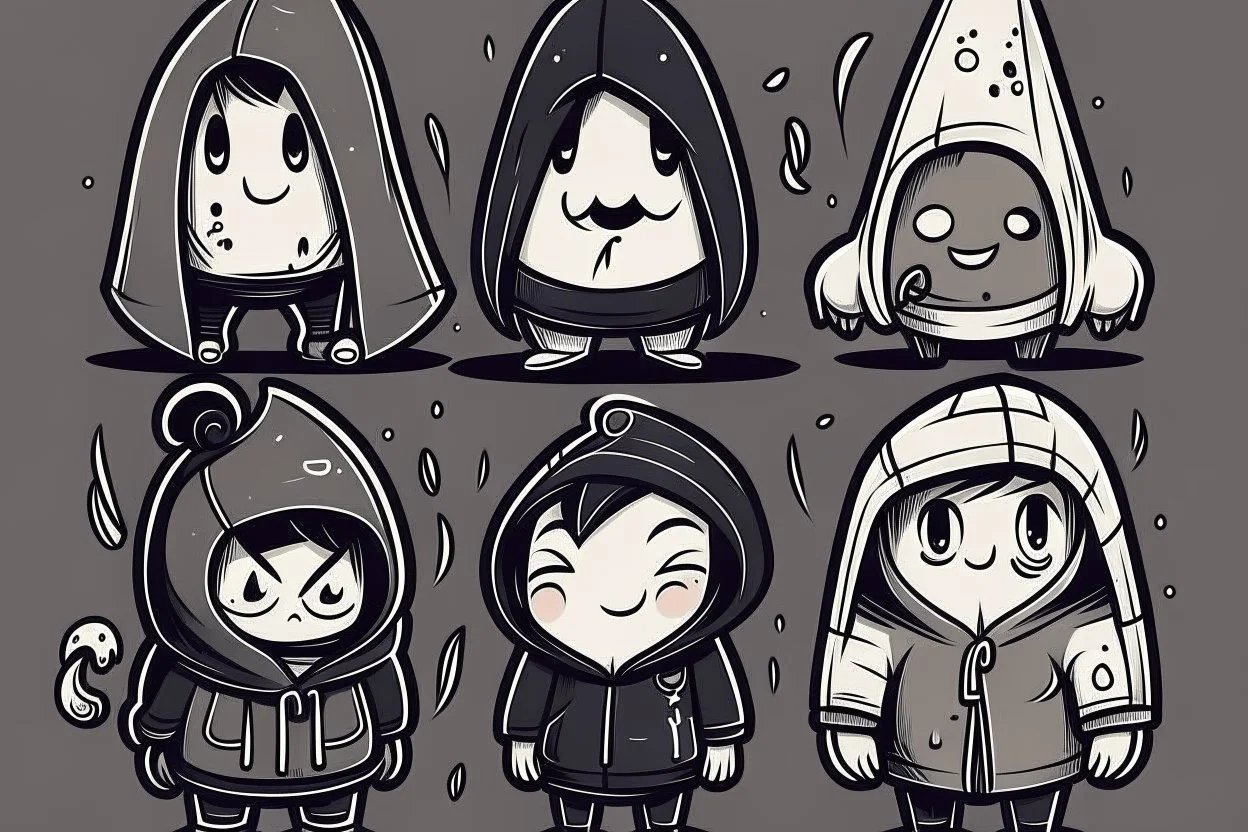 6 simple shaped hand drawn cartoon characters that are cute dark and have hoodies