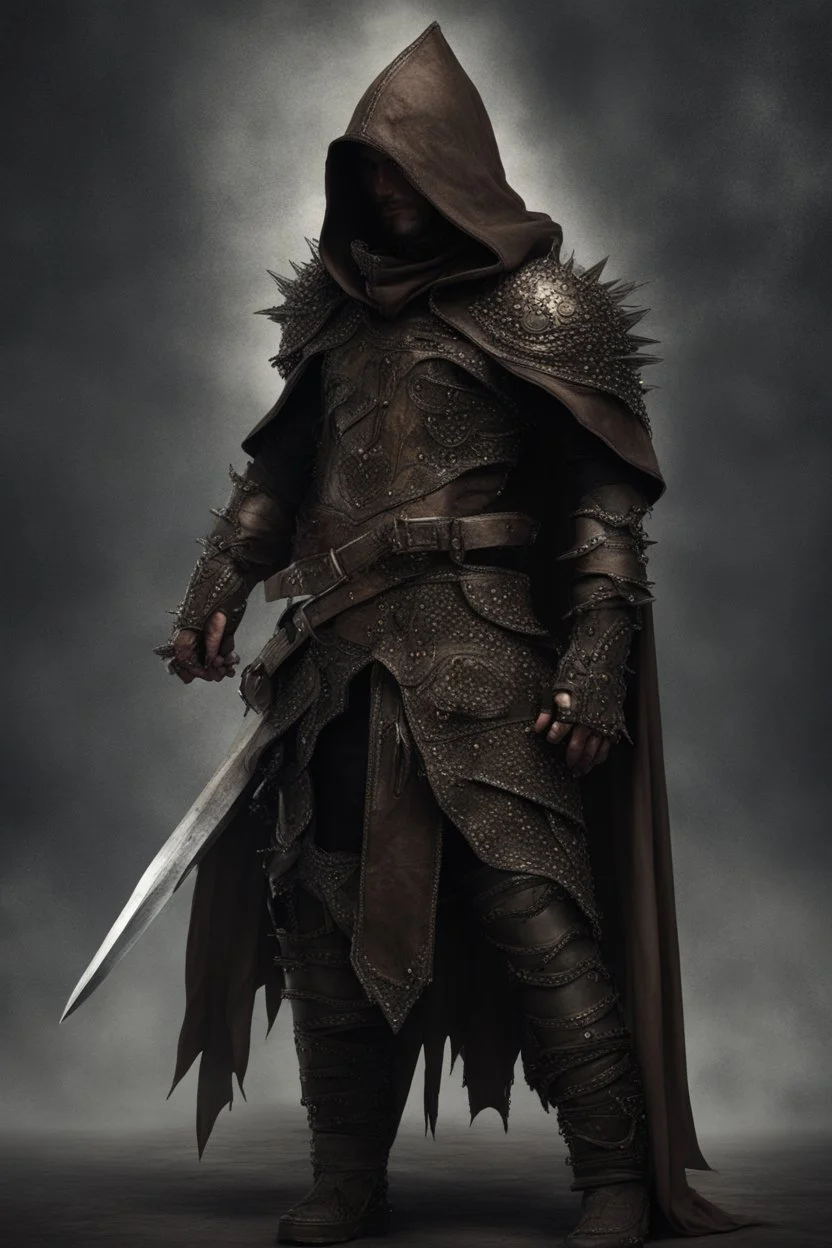 fantasy hooded man wearing studded leather armor