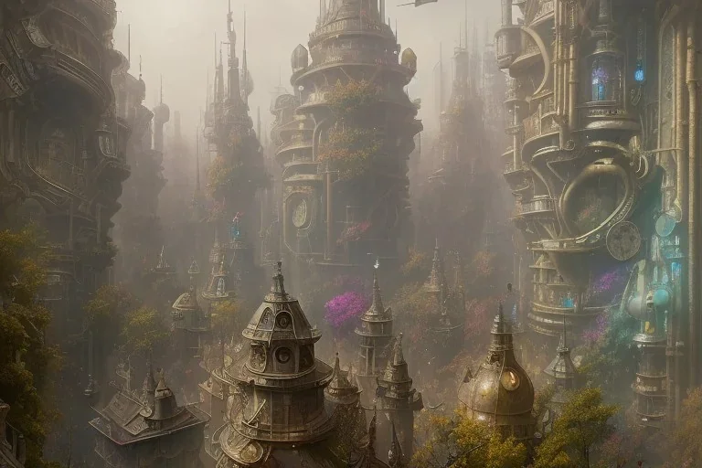 Statue in a niche+Colourful city+ +steampunk+biopunk+alphonse mucha, greg rutkowski, matte painting, cryengine, hyper detailed, felix kelly, fantasy art, seb mckinnon