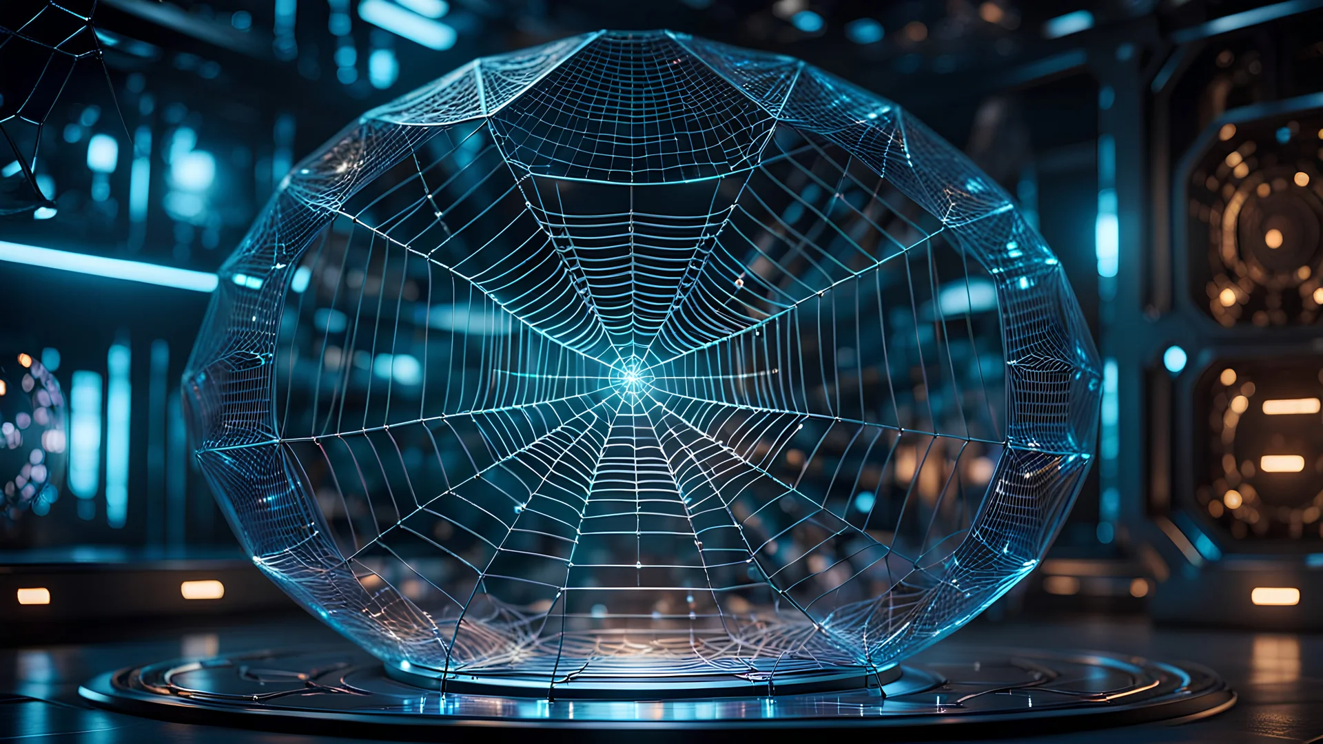 Ultra-realistic, 3D illuminated hologram, coming from a prototype holographic emitter, showcasing detailed close-ups capturing the delicate intricacies and patterns of a sci-fi fantasy spiderweb, in a futuristic laboratory at night, dimly lit, sci-fi cinematic background.