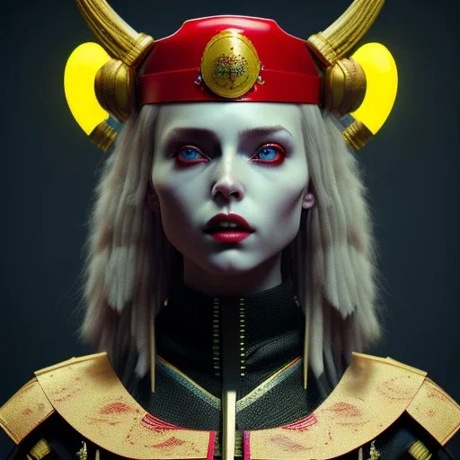 German woman, rounded face, blood, black, red, yellow, samurai helmet, decorative color feathers, retro, bamboo, leather, soft color, highly detailed, art stations, concept art, smooth, unreal engine 5, god rays, ray tracing, RTX, lumen lighting, ultra detail, volumetric lighting, 3d, finely drawn, high definition, high resolution.