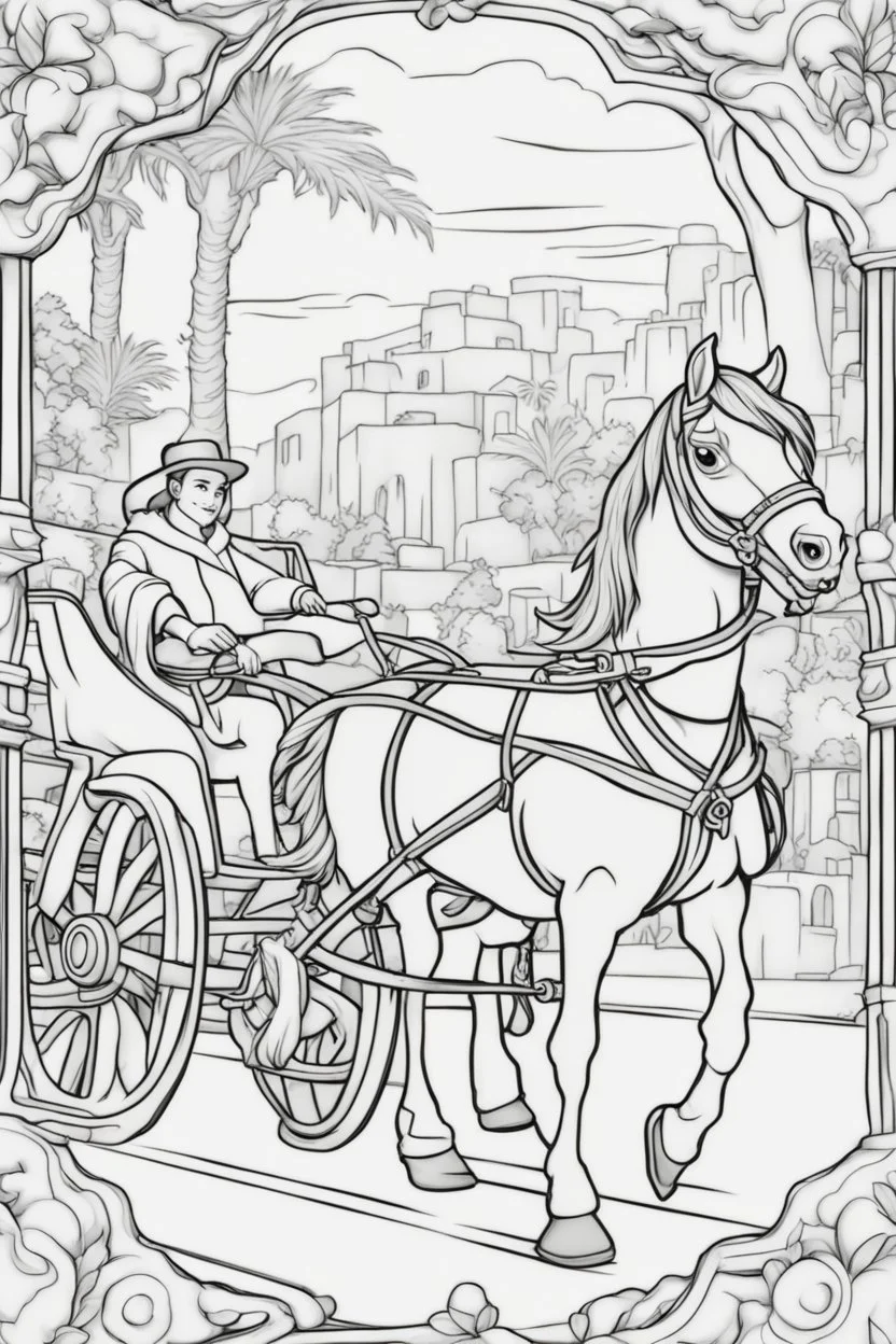 coloring page for kids, HORSE CART, thick outline, low details, no shading, no color