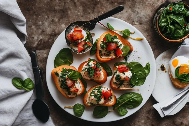 Bruschetta with chard, spinach, poached egg and dukkah plate, on table outside, using the Sony Alpha A7R IV, food photograpy style, macro lens, close up shot 50mm f/ 1.4