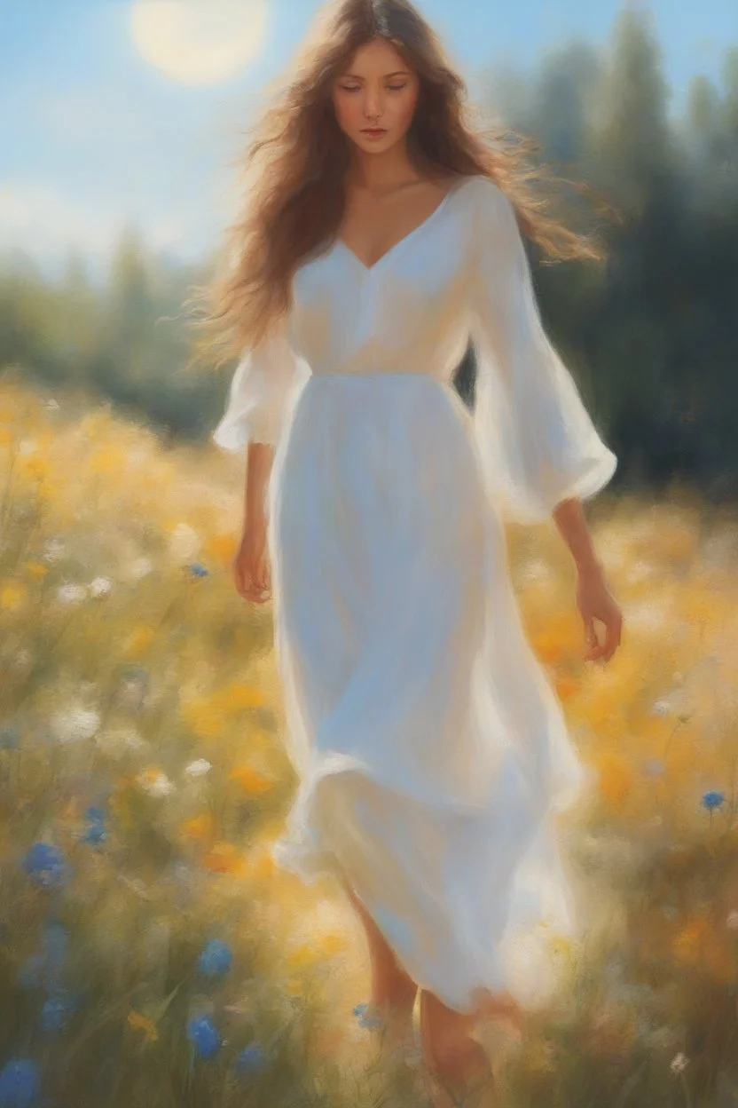 Fantasy illustration, Oil painting style, a sunlit meadow with wildflowers flowing in the wind, extremely beautiful girl in a white summer dress standing there enjoying the warmth of the sun, hands playing with the flowers, playful atmosphere, detailed illustration, beautiful color palette, incredible details, in the style of Leonardo Da Vinci, oil painting, heavy strokes, paint dripping