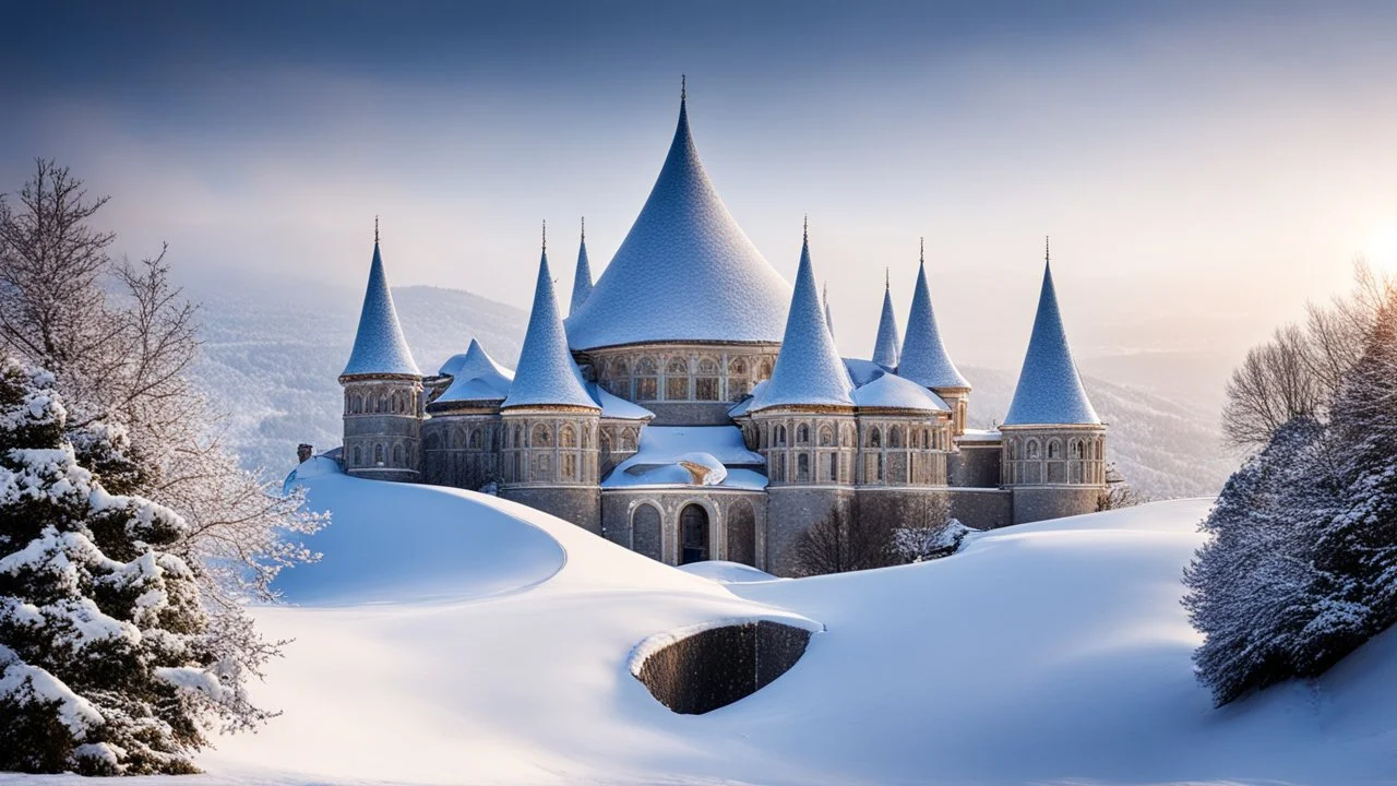 2055, rule of thirds, delightful, sensitive, confident, undulating sinusoidal castle with pointed hyperbolic roofs, delicate, thick snow, symmetrical, exquisite architecture, innovative design, perfect symmetry, award-winning photograph, beautiful composition, filled with beautiful detail, delicate colour, chiaroscuro